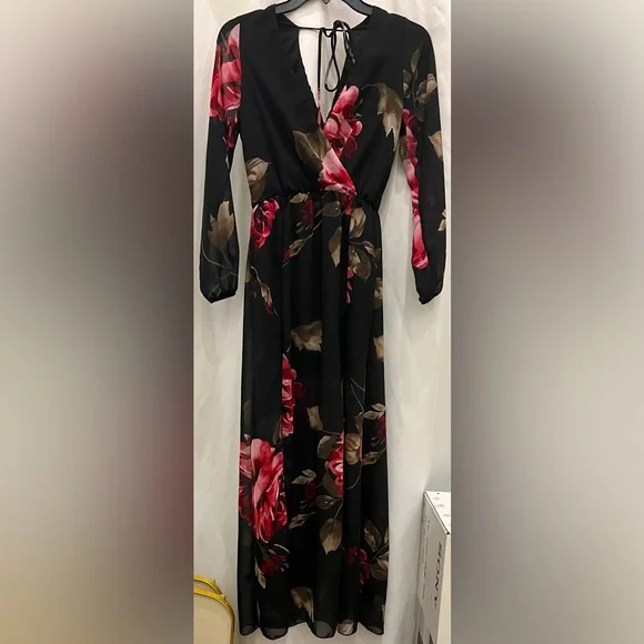 Papermoon | Dresses | Paper Moon Black Long Sleeve Dress Red Roses Womens  Size Small Sheer Overlay | Poshmark